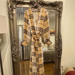 Tan Plaid Print Long Sleeved Jumpsuit